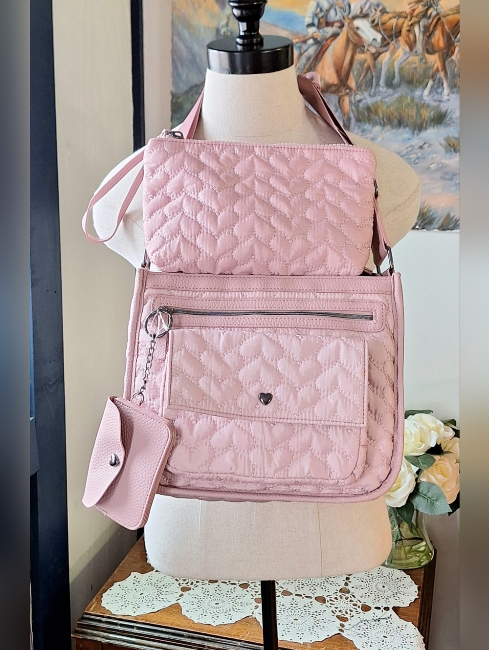 Cynthia Rowley Quilted Heart Crossbody Bag & Clutch with Coin Purse, NWOT
